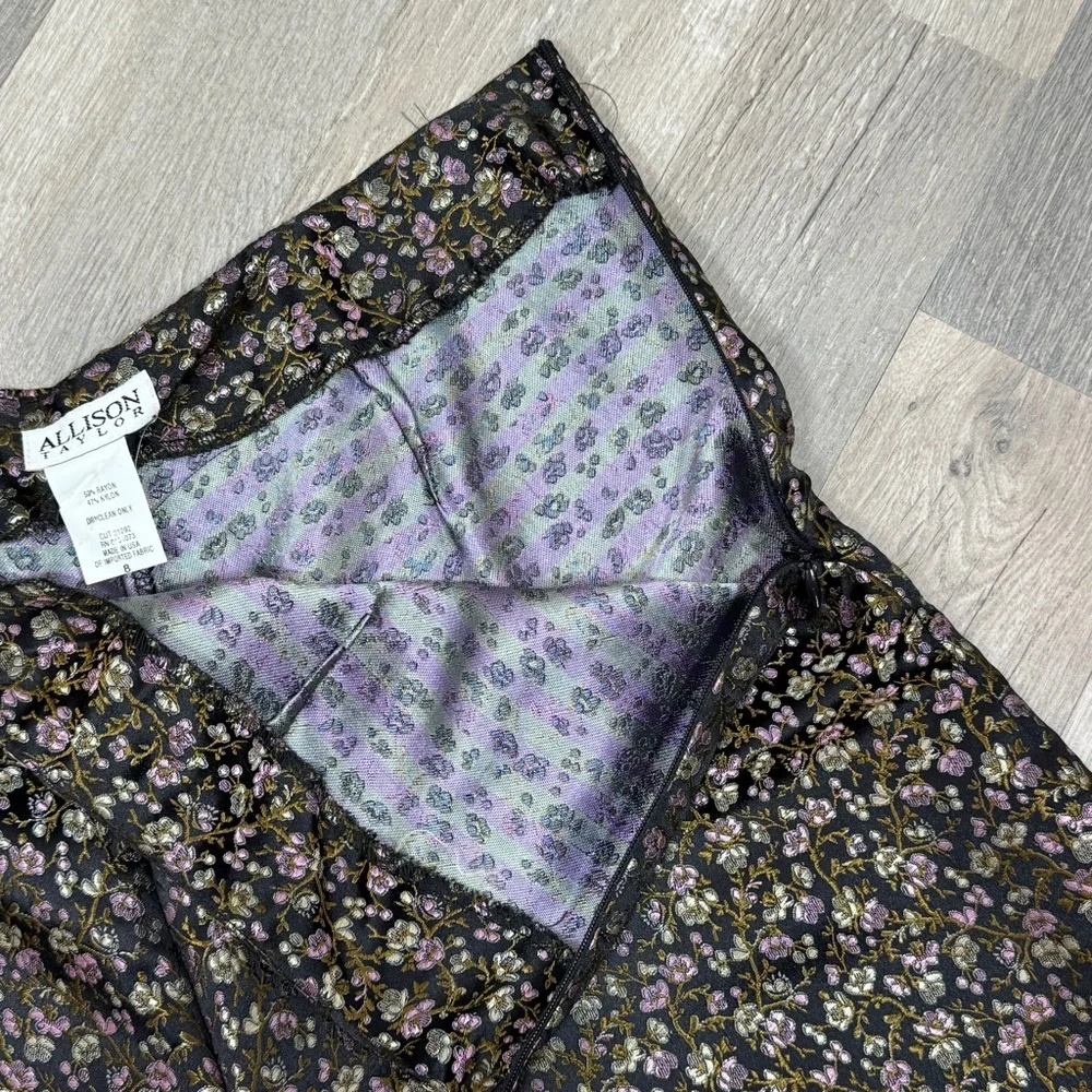 Vintage Allison Taylor Ditsy Floral Satin Brocade Ankle‎ Pants Black Purple 8